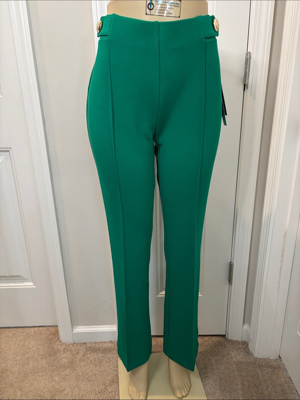 Carole Wren  Green Straight-Leg Trousers with Gold Button Detail Size 10 NWT